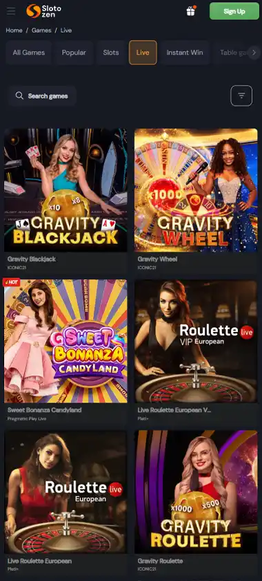 Slotozen Live Casino auf einem Smartphone-Bildschirm