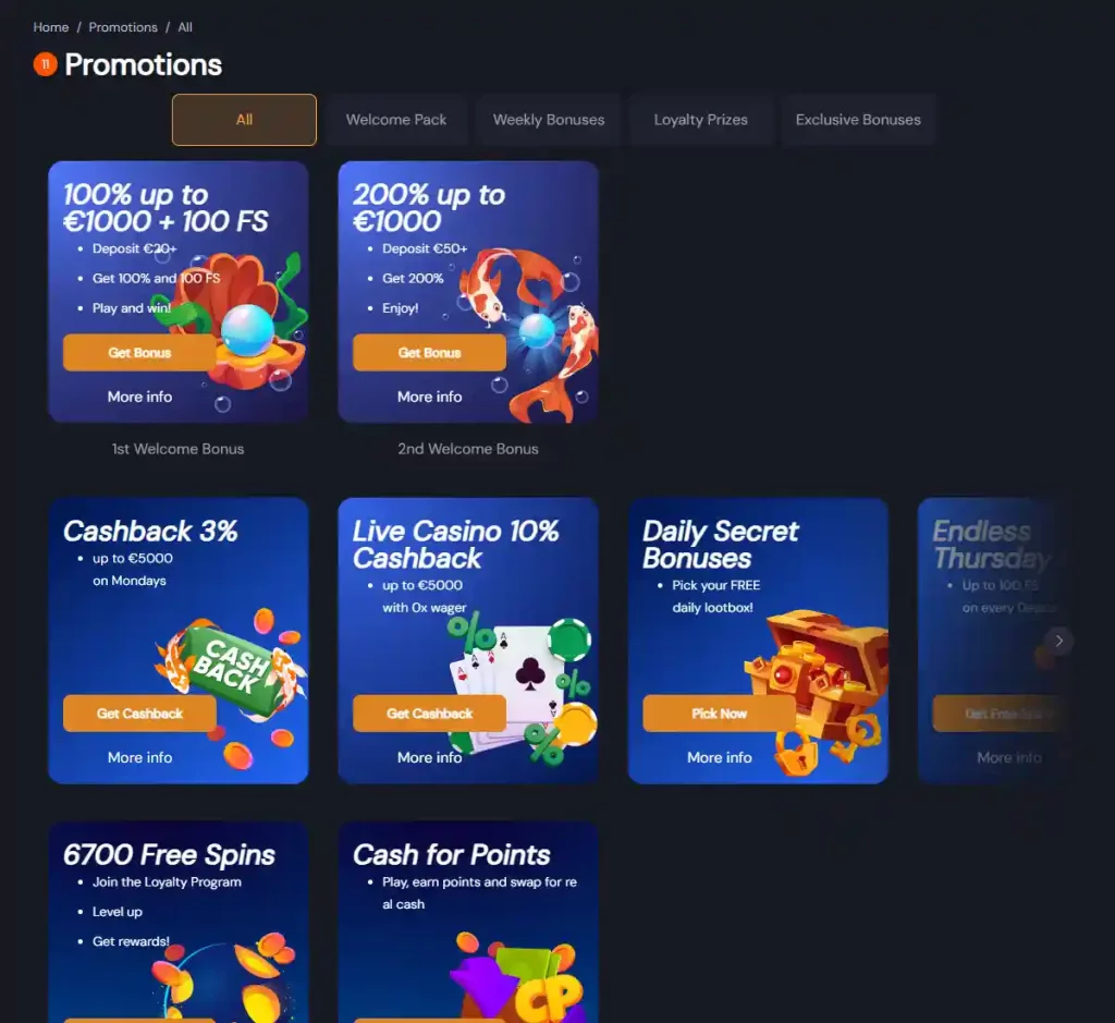 Slotozen Casino desktop promotions screenshot showing promotional banners, bonus offers and claim instructions with categories and filter options - tested