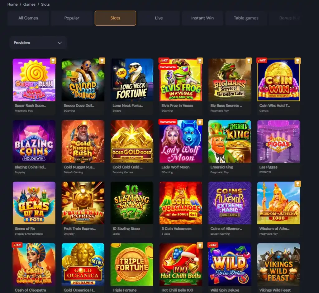 Slotozen Casino desktop slot screenshot showing multiple slot categories, featured games and provider filters - tested