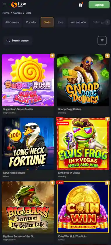 Slotozen Casino mobile slot screenshot displaying featured slots, categories and touch-optimized navigation - tested