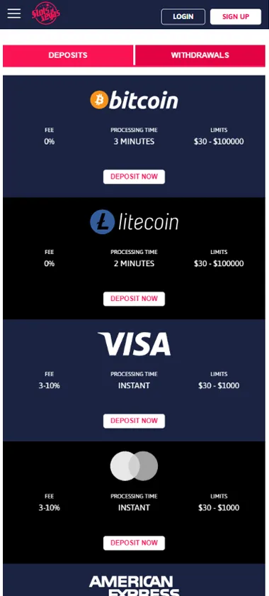 Slots of Vegas Casino mobile deposit methods screenshot showing available payment options with mobile-friendly interface - tested