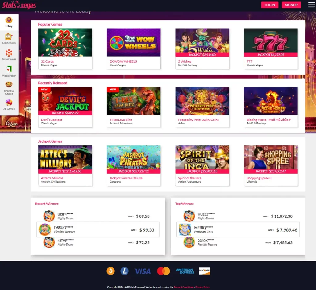 Slots of Vegas Casino desktop home page screenshot showing main navigation, featured games and promotional banners - tested
