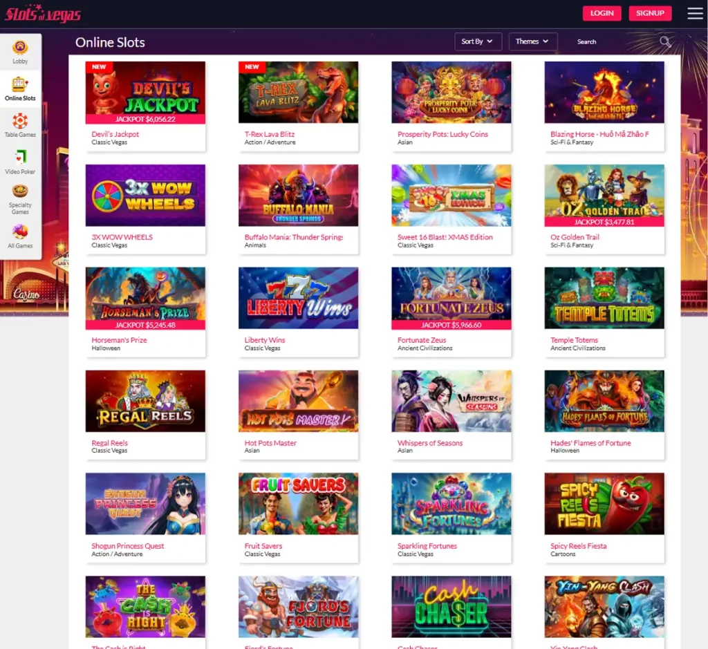 Slots of Vegas Casino desktop slots variety screenshot showing multiple slot categories, featured games and provider filters - tested
