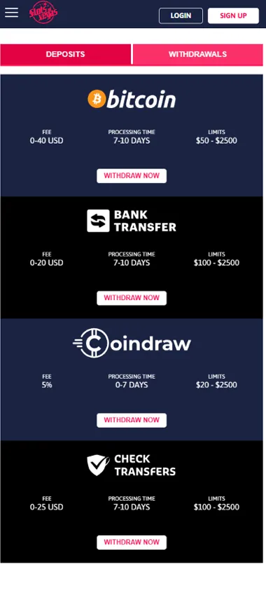 Slots of Vegas Casino mobile withdrawal methods screenshot displaying available cashout options and mobile-friendly interface - tested