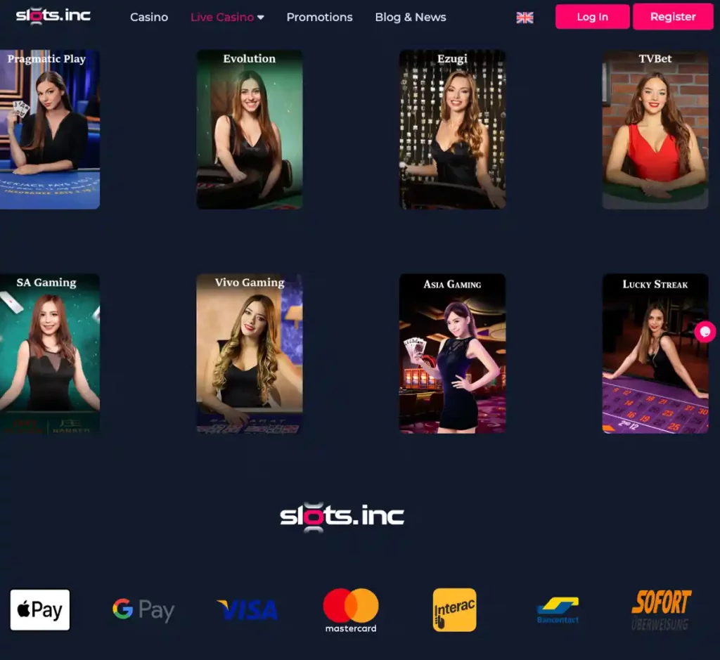 Slots.inc Casino desktop live dealer games collection screenshot showing roulette, blackjack and baccarat tables in lobby view - tested Slots.inc Casino desktop live dealer games collection screenshot showing roulette, blackjack and baccarat tables in lobby view - tested