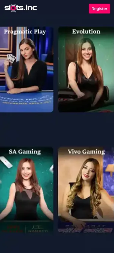 Slots.inc Casino mobile live dealer games collection screenshot displaying available live tables and categories - tested Slots.inc Casino mobile live dealer games collection screenshot displaying available live tables and categories - tested
