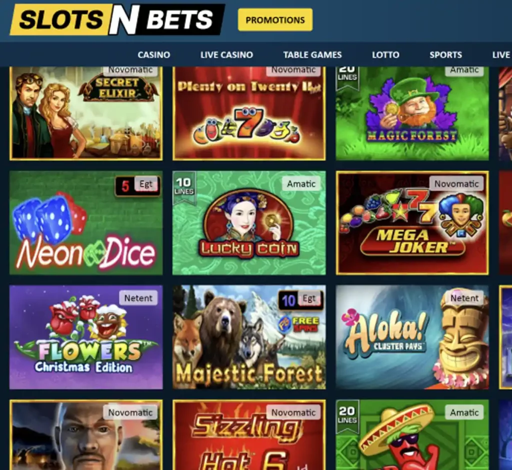 SlotsNbets Casino desktop homepage screenshot displaying main navigation, featured games and promotional banners - tested