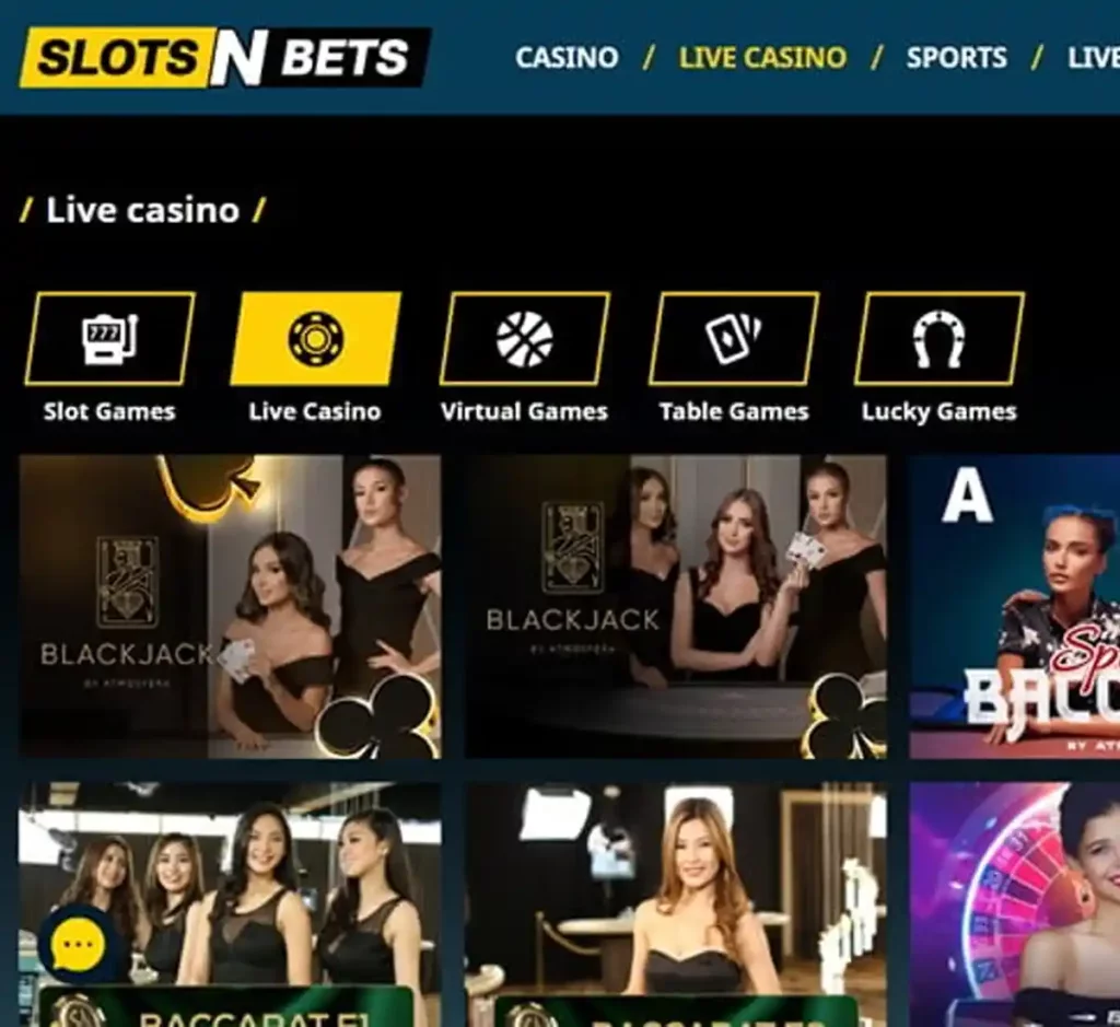 SlotsNbets Casino desktop live casino games collection screenshot displaying available live tables, dealers and categories - tested