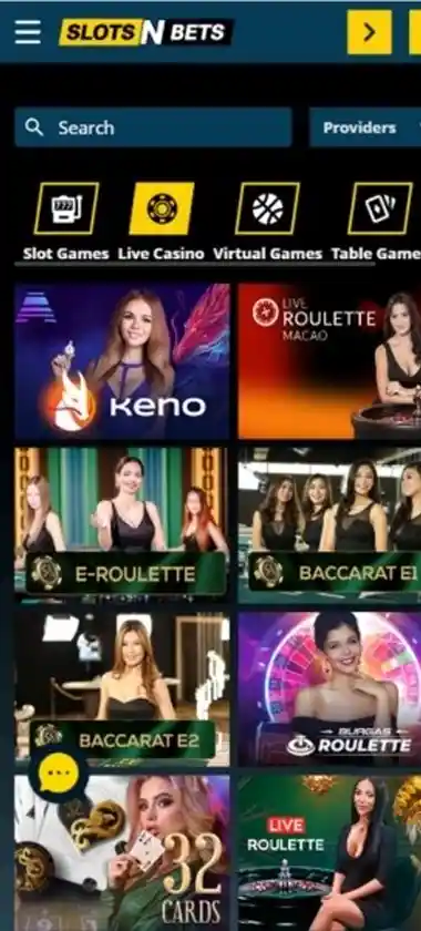 SlotsNbets Casino mobile live casino games collection screenshot displaying available live tables, dealers and categories - tested