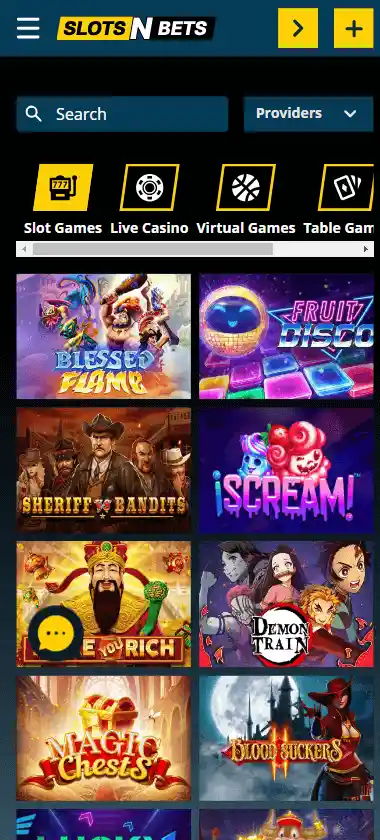 SlotsNbets Casino mobile slots variety screenshot displaying featured slots, categories and touch-optimized navigation - tested