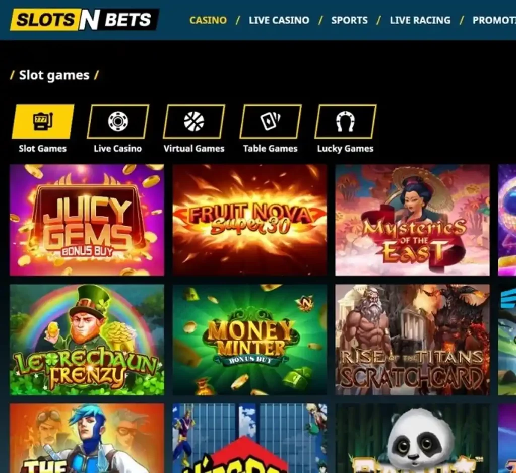 SlotsNbets Casino desktop slots variety screenshot displaying featured slots, game categories and filtering options - tested