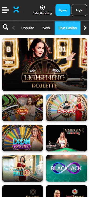 Slotty Slots Casino mobile live casino games collection screenshot displaying available live tables, dealers and categories - tested