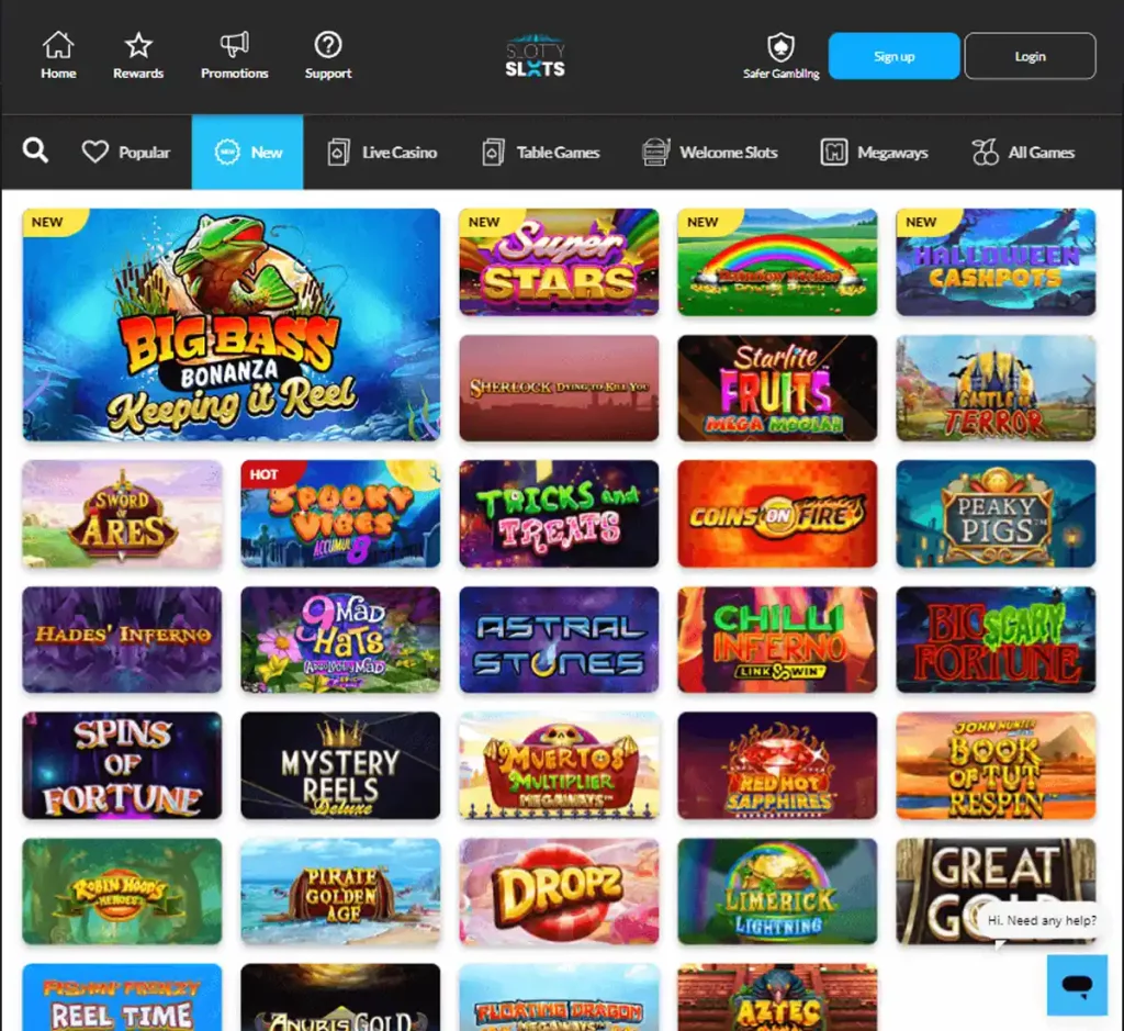 Slotty Slots Casino desktop new games collection screenshot displaying recently added titles, release dates and filtering options - tested