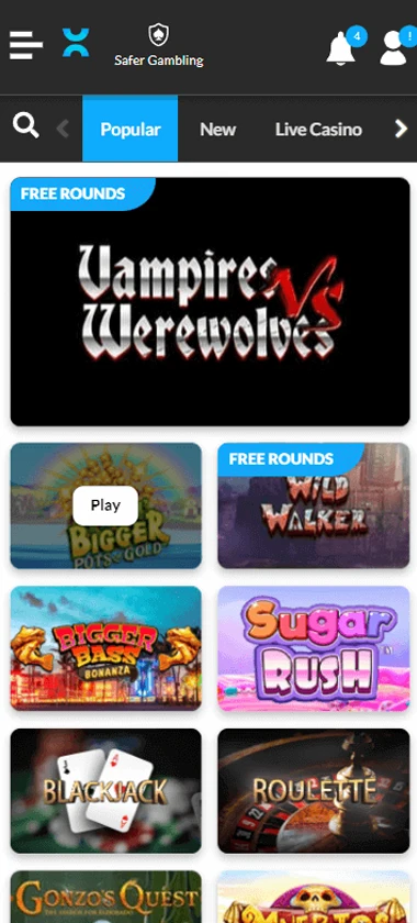 Slotty Slots Casino mobile popular games collection screenshot displaying top-rated titles, categories and quick-access lists - tested