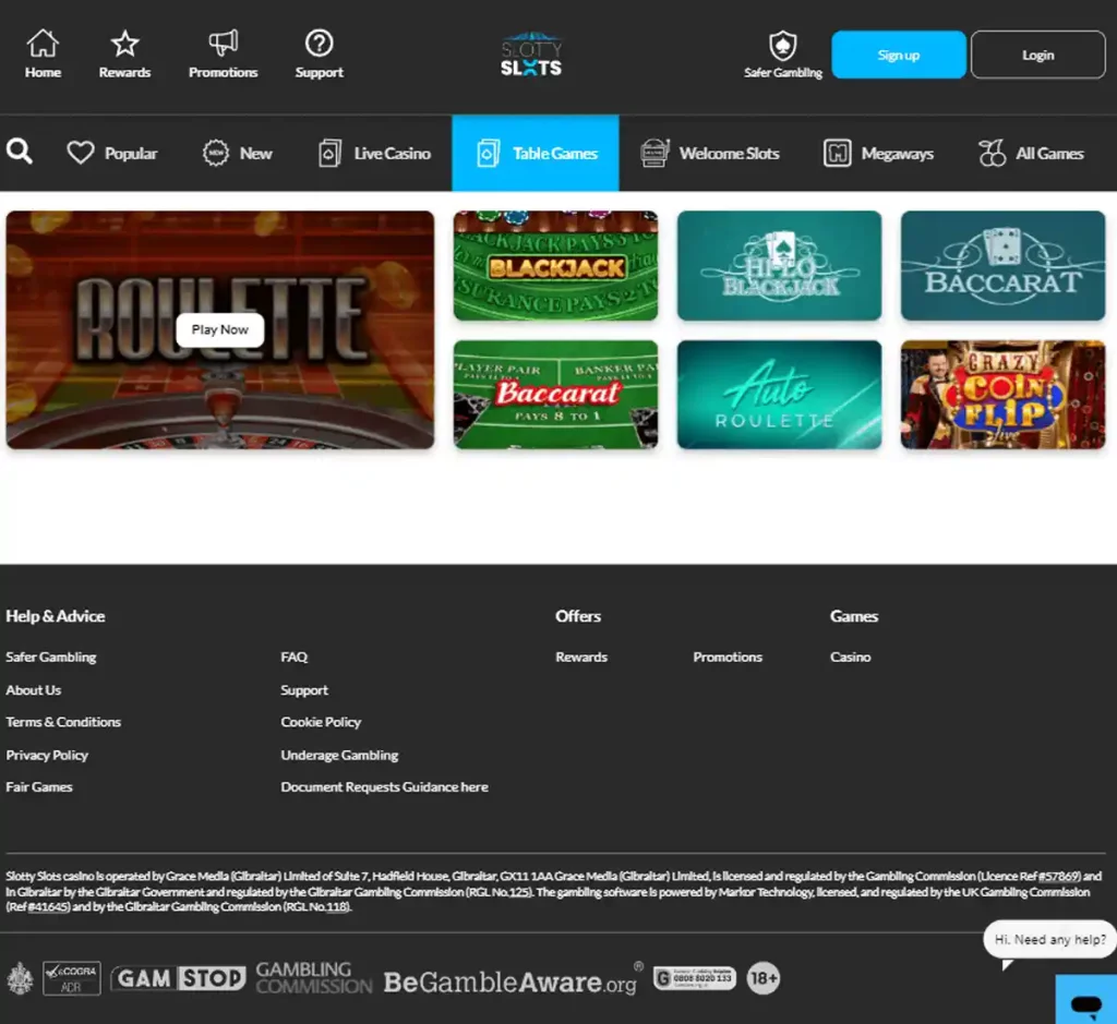 Slotty Slots Casino desktop table games collection screenshot displaying blackjack, roulette and baccarat variants with filtering options - tested