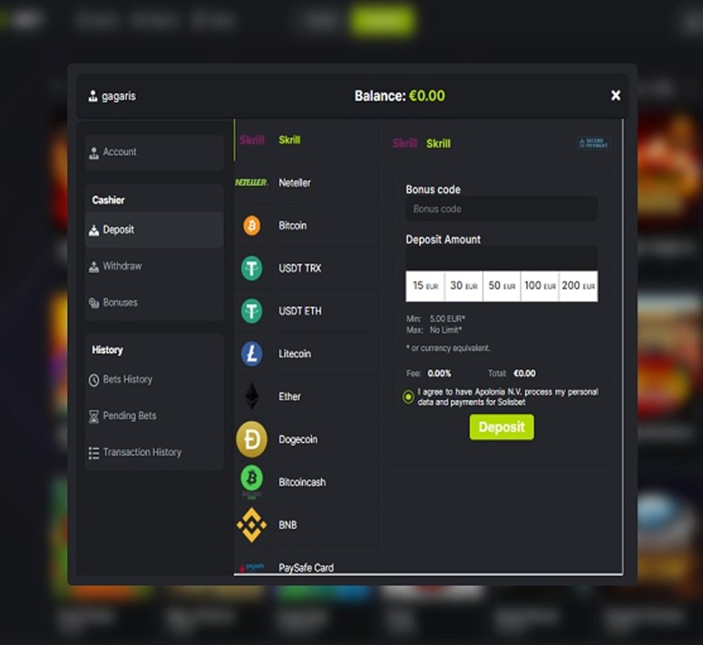 Solis Bet Casino desktop deposit methods screenshot displaying available payment options including cards, e-wallets and cryptocurrencies - tested