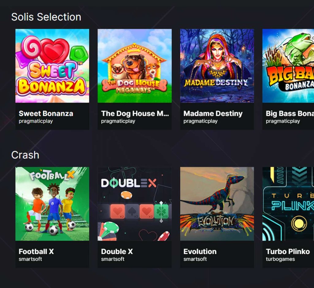 Solis Bet Casino desktop game selection screenshot showing game categories, featured titles and filtering options - tested