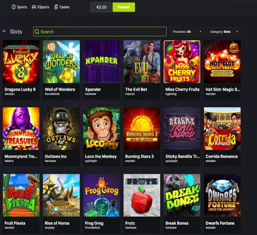 Solis Bet Casino desktop slots variety screenshot showing multiple slot categories, featured games and provider filters - tested