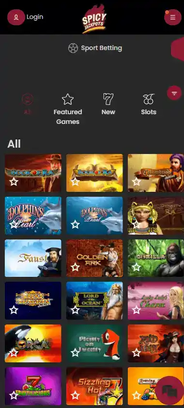 Spicy Jackpots Casino mobile home page screenshot displaying main navigation, featured games and mobile-friendly interface - tested