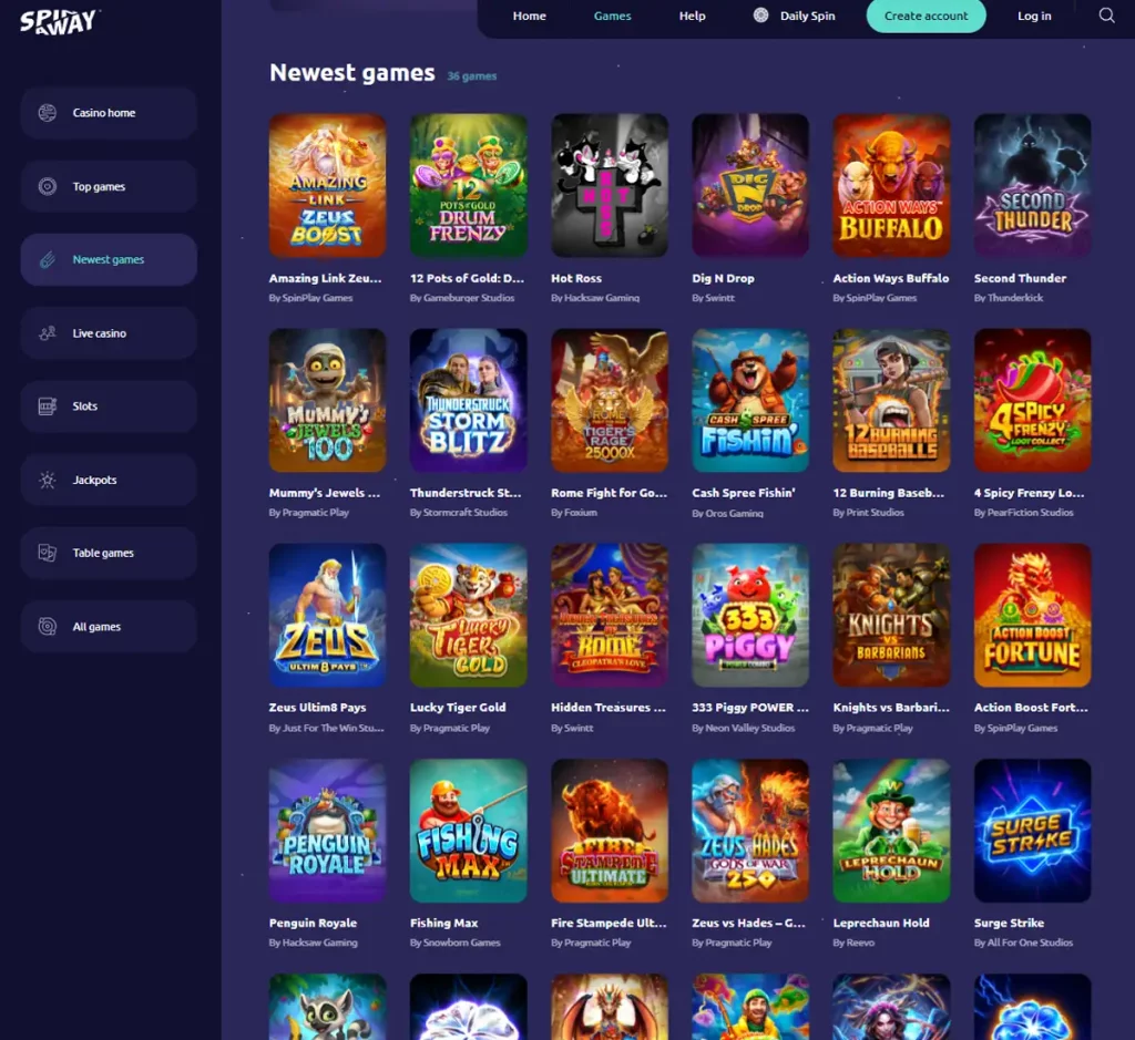 SpinAway Casino desktop new games screenshot showing recently added titles and latest releases - tested