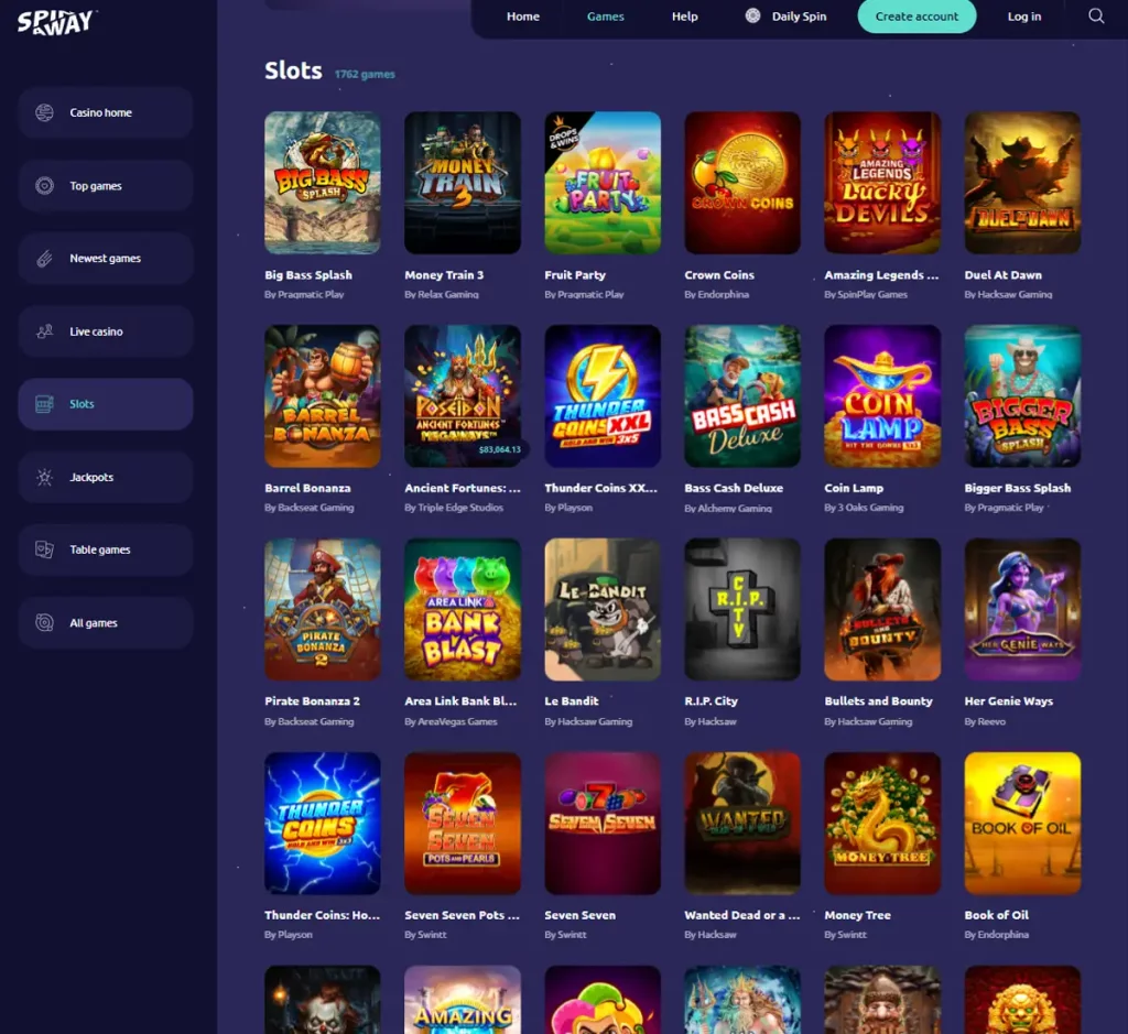 SpinAway Casino desktop slots variety screenshot showing multiple slot categories, featured games and provider filters - tested