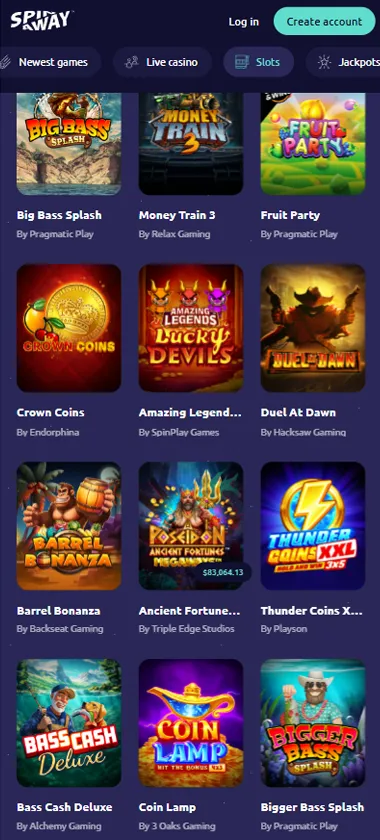 SpinAway Casino mobile slots variety screenshot displaying featured slots, categories and touch-optimized navigation - tested