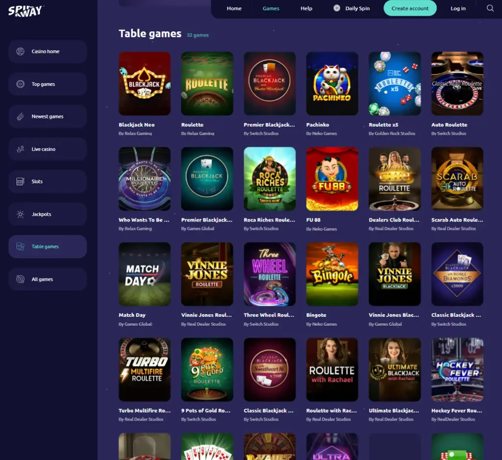 SpinAway Casino desktop table games collection screenshot showing various table games, categories and filtering options - tested