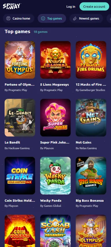 SpinAway Casino mobile top games screenshot displaying most popular games and trending titles - tested