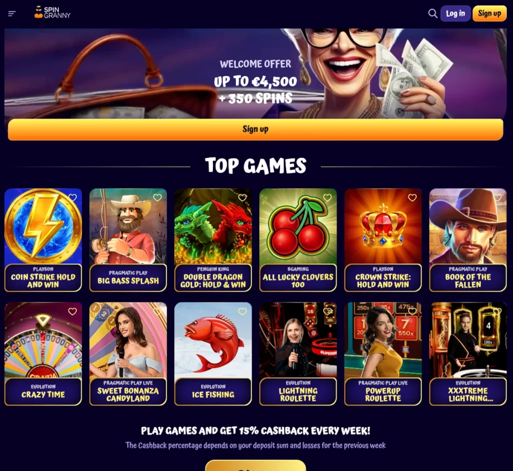 SpinGranny Casino desktop home page - captured during our review