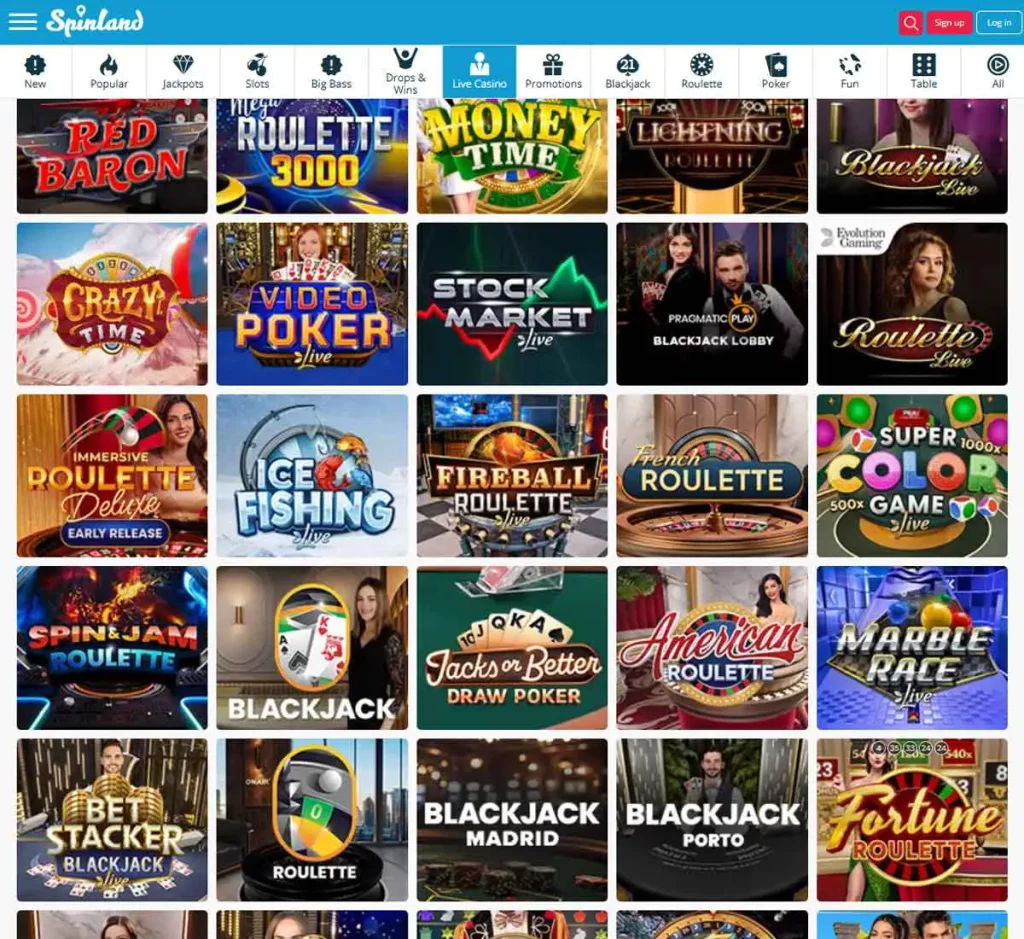 SpinLand Casino desktop live dealer games collection screenshot showing roulette, blackjack and baccarat tables in lobby view - tested