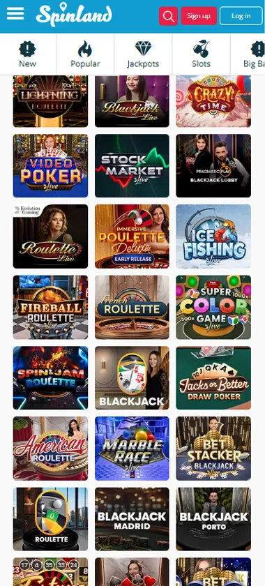 SpinLand Casino mobile live dealer games collection screenshot displaying available live tables and categories - tested