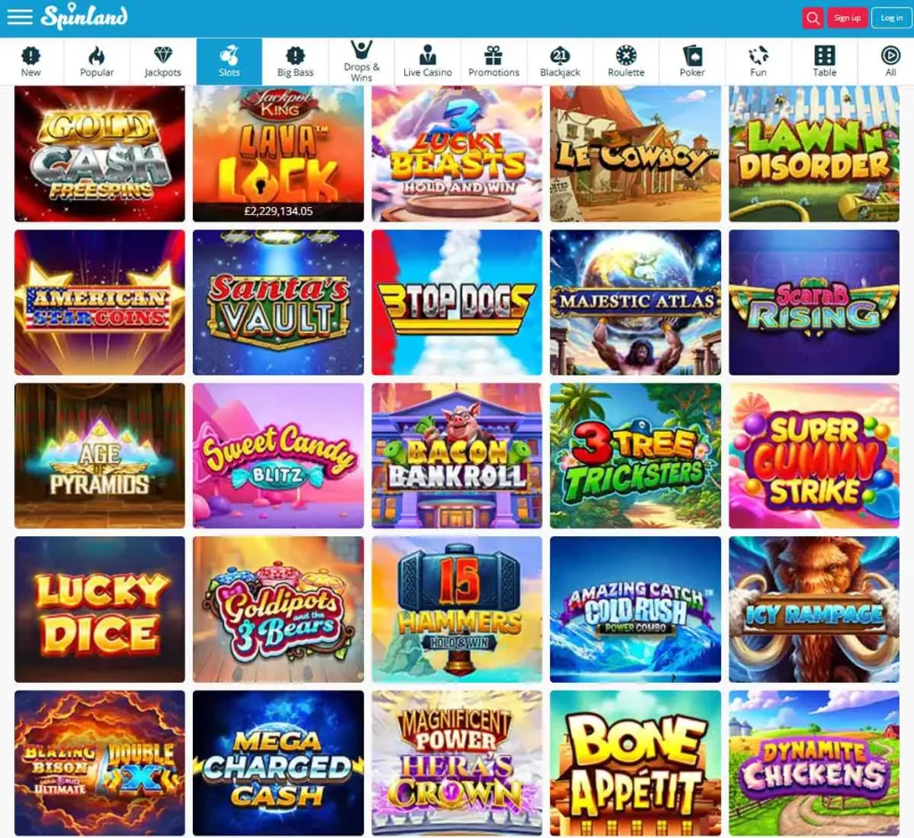 SpinLand Casino desktop slots variety screenshot showing multiple slot categories, featured games and provider filters - tested