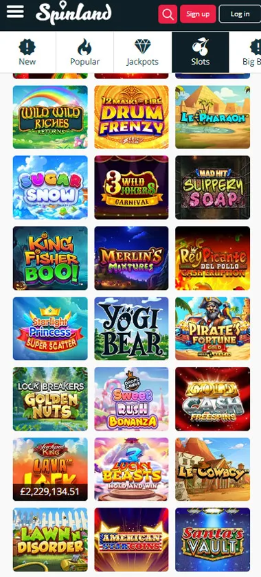 SpinLand Casino mobile slots variety screenshot displaying featured slots, categories and touch-optimized navigation - tested
