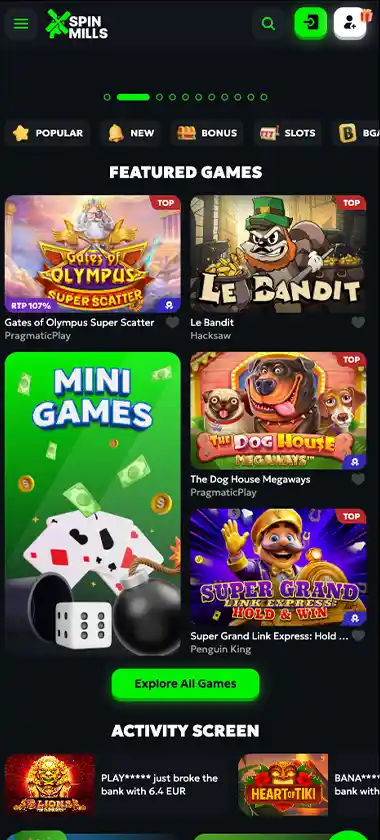 SpinMills mobile homepage screenshot displaying main navigation, featured games and promotional banners - tested
