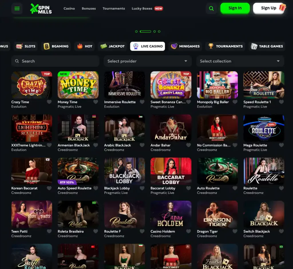 SpinMills desktop live casino games collection screenshot displaying available live tables, dealers and categories - tested