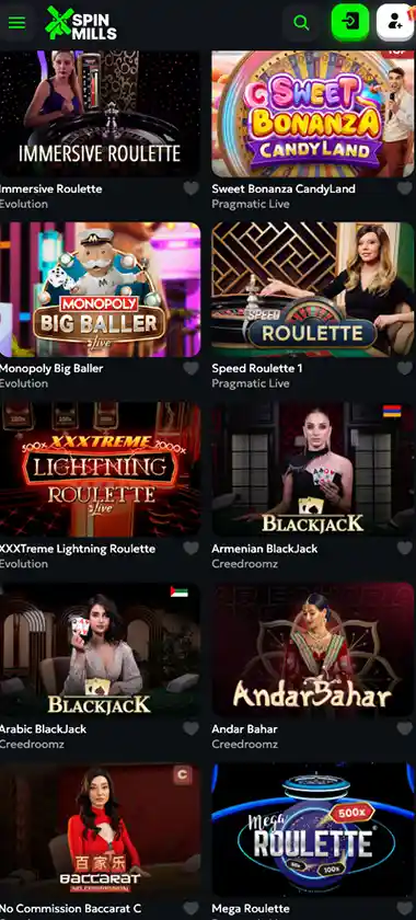 SpinMills mobile live casino games collection screenshot displaying available live tables, dealers and touch-optimized navigation - tested