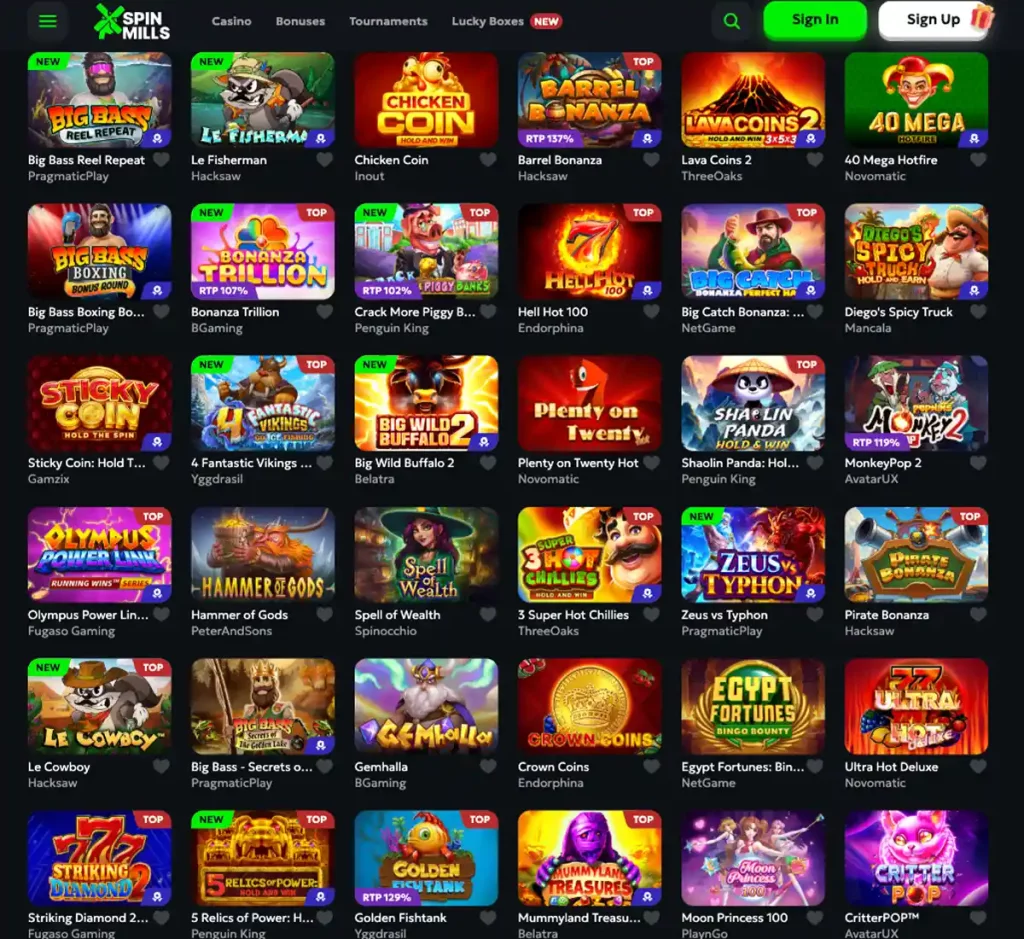SpinMills desktop slots variety screenshot displaying featured slots, game categories and filtering options - tested