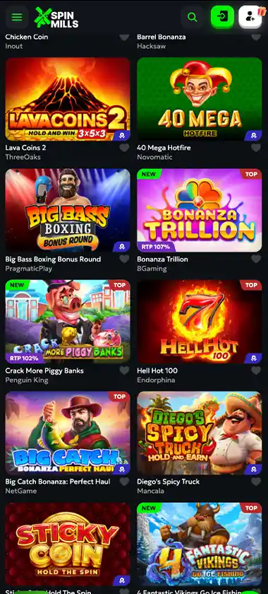 SpinMills mobile slots variety screenshot displaying featured slots, categories and touch-optimized navigation - tested