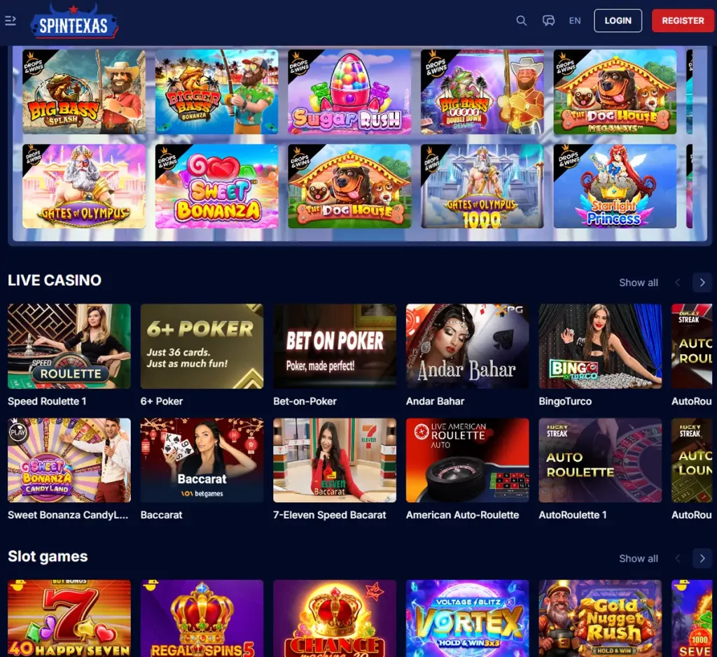SpinTexas Casino desktop home page screenshot showing main navigation, featured games and promotional banners - tested