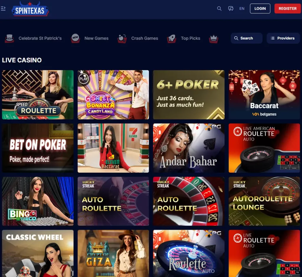 SpinTexas Casino desktop live dealer games collection screenshot showing roulette, blackjack and baccarat tables in lobby view - tested