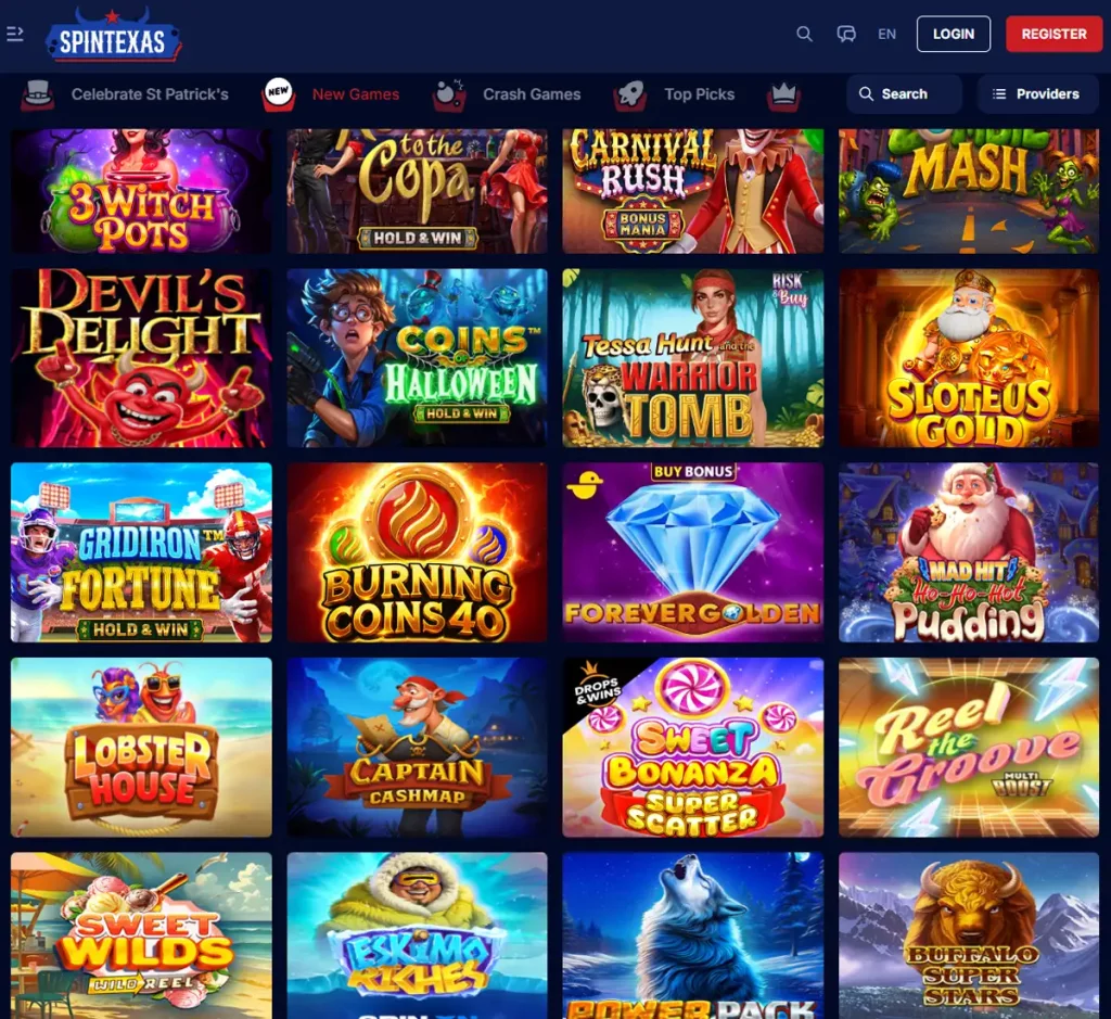 SpinTexas Casino desktop new games screenshot showing recently added titles and latest releases - tested
