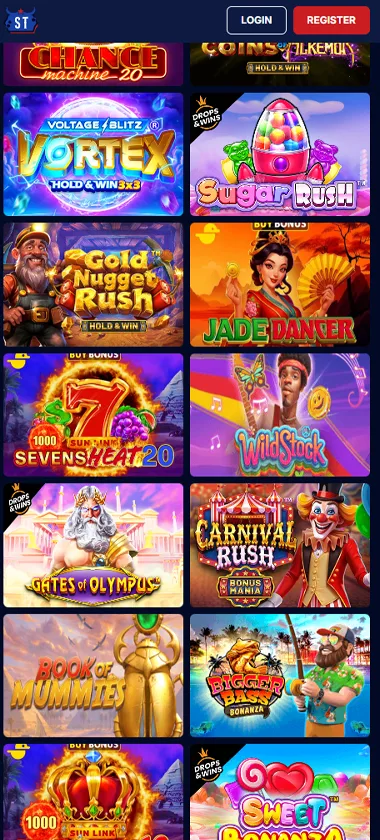 SpinTexas Casino mobile slots variety screenshot displaying featured slots, categories and touch-optimized navigation - tested
