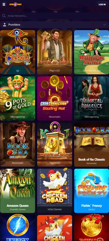 SpinTime Casino mobile featured games screenshot displaying featured games, categories and touch-optimized navigation - tested