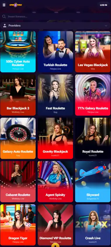 SpinTime Casino mobile live dealer games collection screenshot displaying available live tables and categories with mobile-friendly interface/navigation - tested