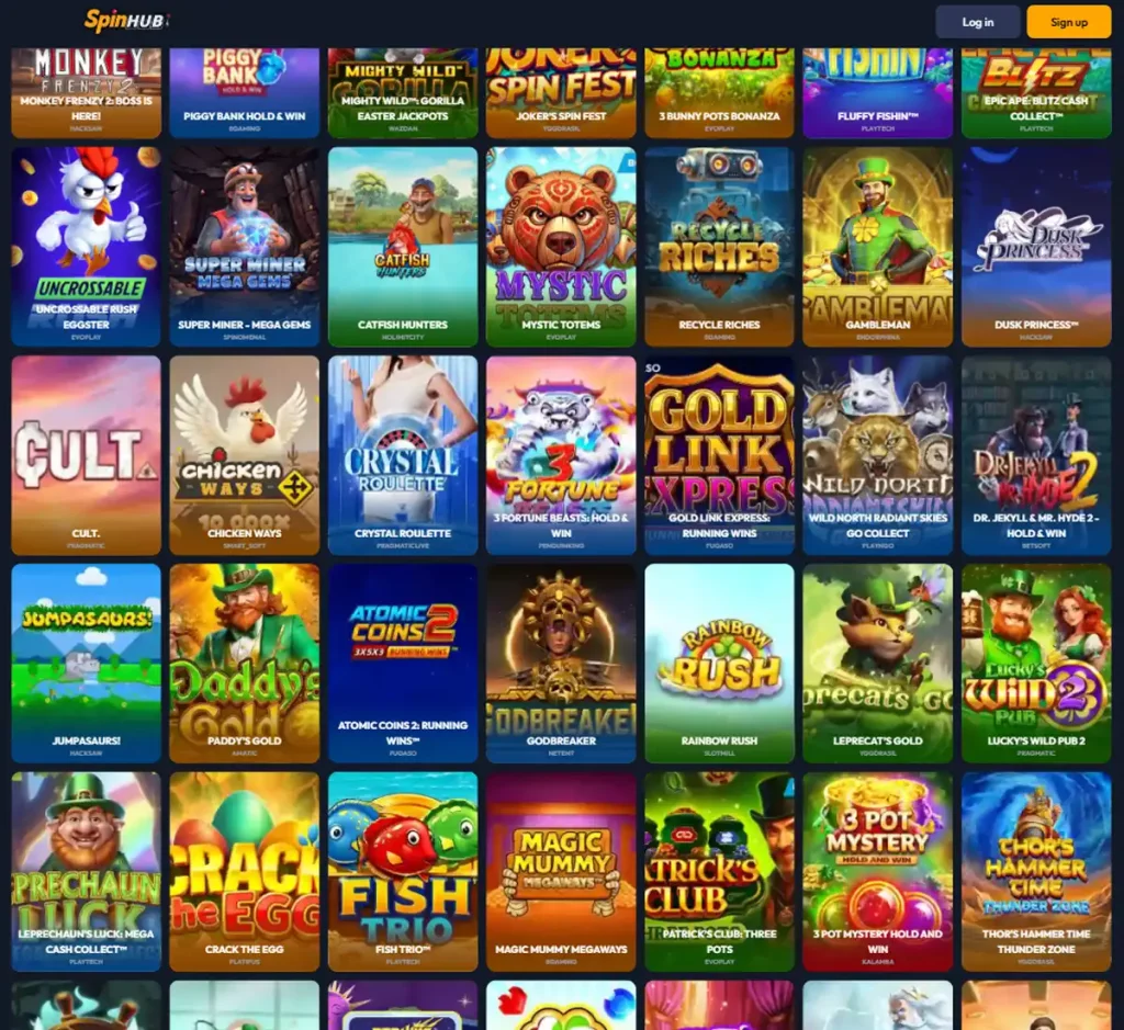 Spinhub Casino desktop New games screenshot showing new game thumbnails, featured banners and provider filters - tested