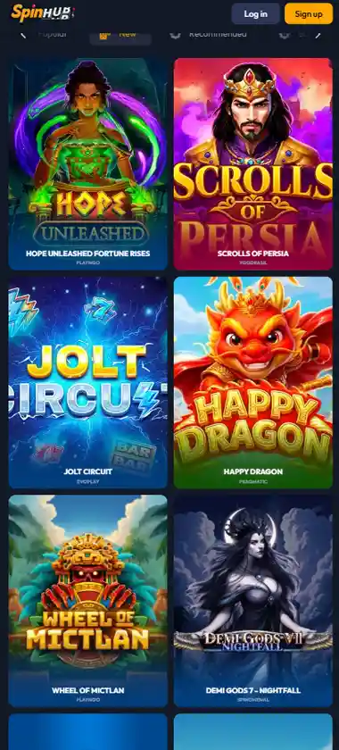 Spinhub Casino mobile New games screenshot displaying new game thumbnails, featured games and mobile-friendly interface/navigation - tested