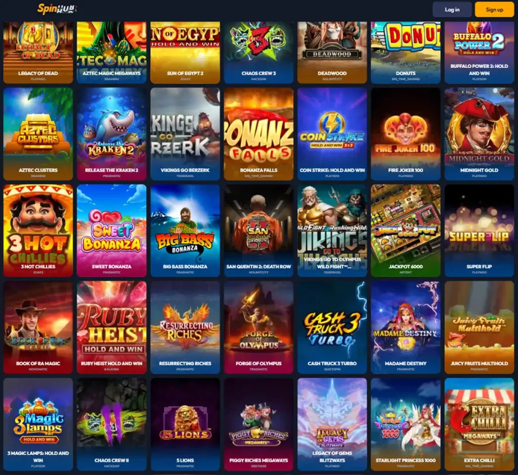 Spinhub Casino desktop Slots screenshot showing multiple slot categories, featured games and provider filters - tested