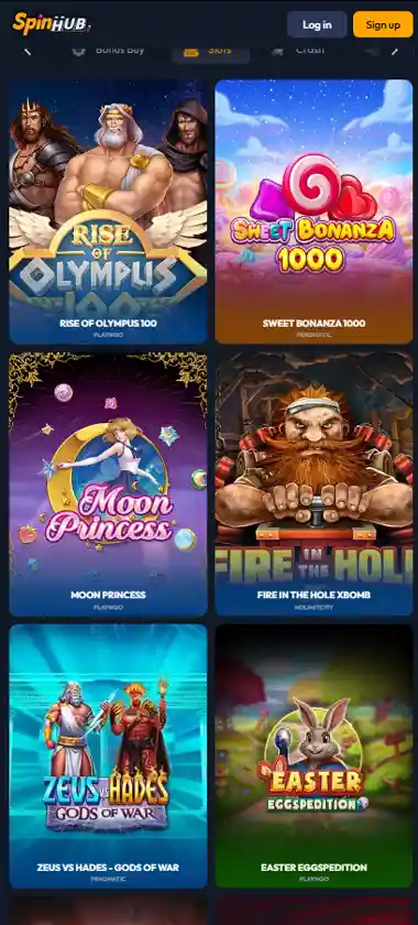 Spinhub Casino mobile Slots screenshot displaying featured slots, categories and touch-optimized navigation - tested