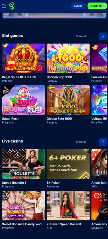 SpinnyCasino mobile home page screenshot displaying main navigation, featured games and mobile-friendly interface - tested