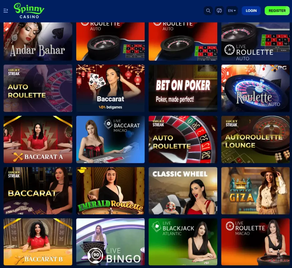 SpinnyCasino desktop live dealer games collection screenshot showing roulette, blackjack and baccarat tables in lobby view - tested